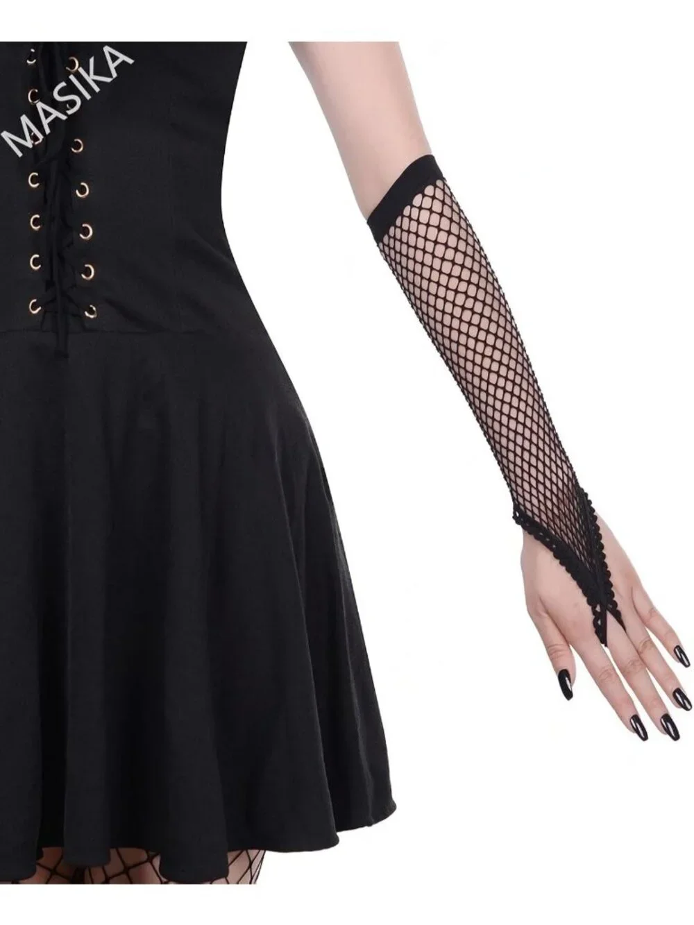 Women's Black Long Fishnet Fingerless Mesh Scalloped Edge Gothic Gloves